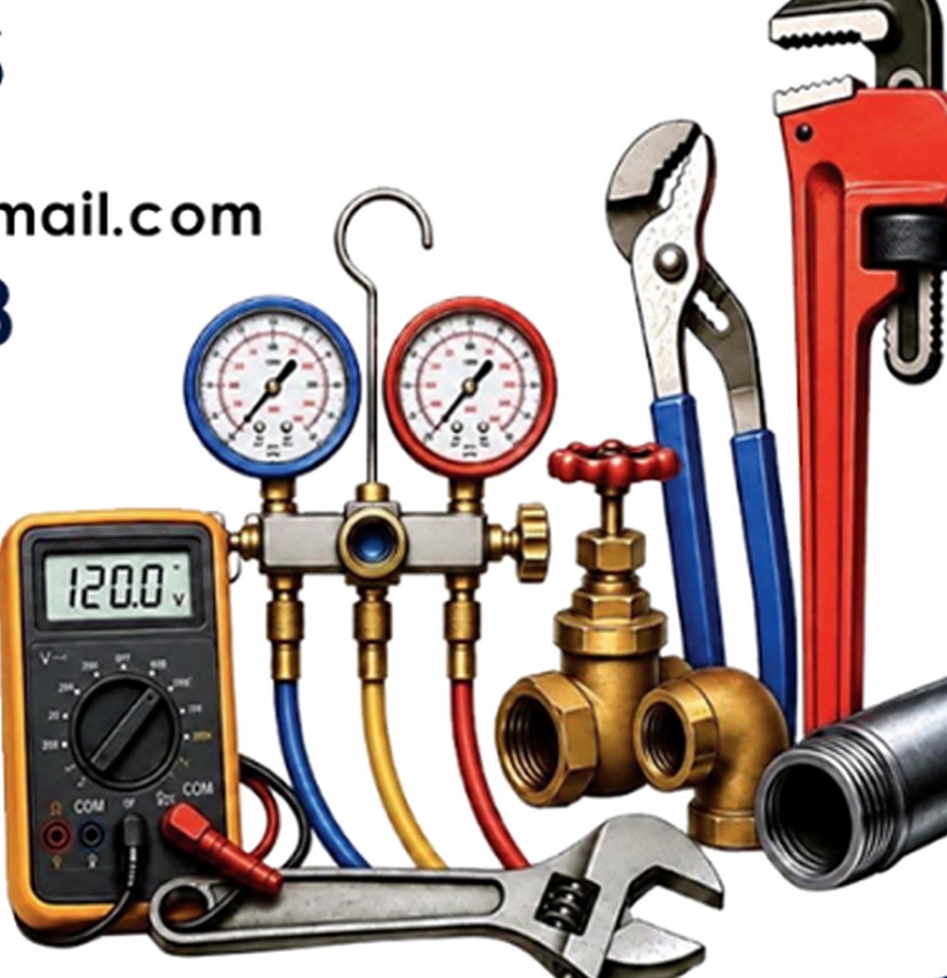 HVAC gauges, pipe wrench, multimeter, valves and fittings